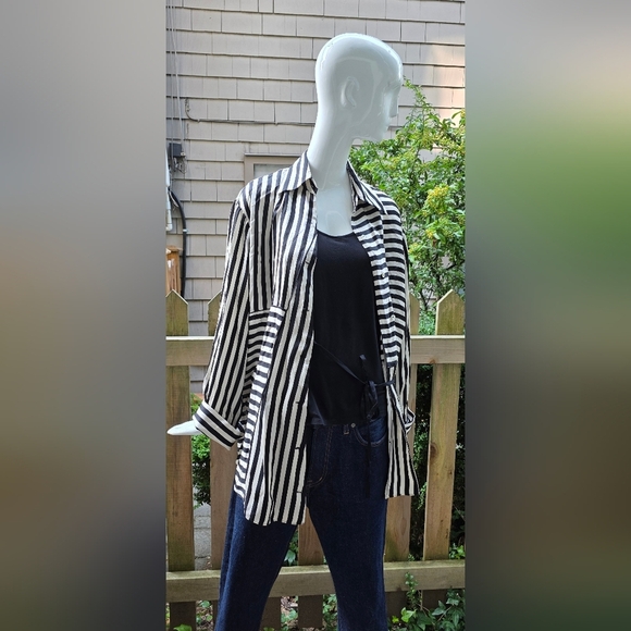 Massimo Dutti Satiny Black and Cream Striped Lounge Jacket/shirt Lg - Picture 14 of 15